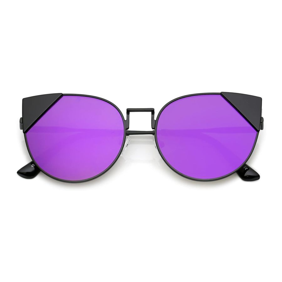 Women's Corner Tip Accent Metal Mirrored Round Flat Lens Cat Eye Sunglasses 56mm