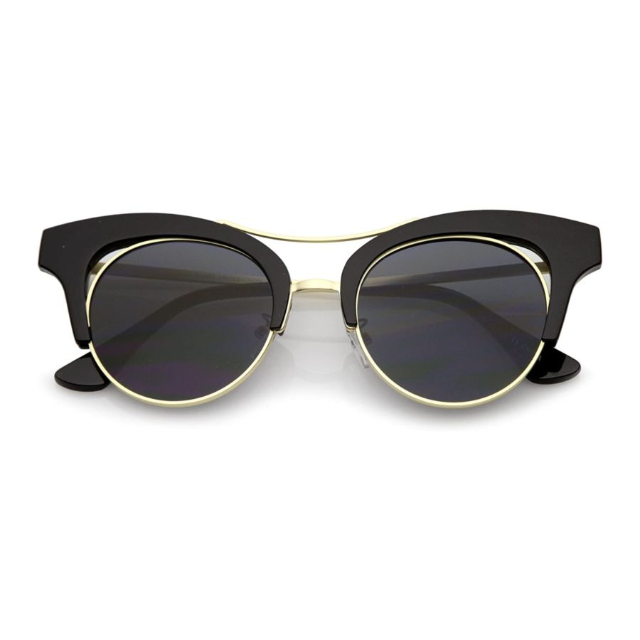 Women's Oversize Cutout Brow Bar Mirror Round Flat Lens Cat Eye Sunglasses 51mm