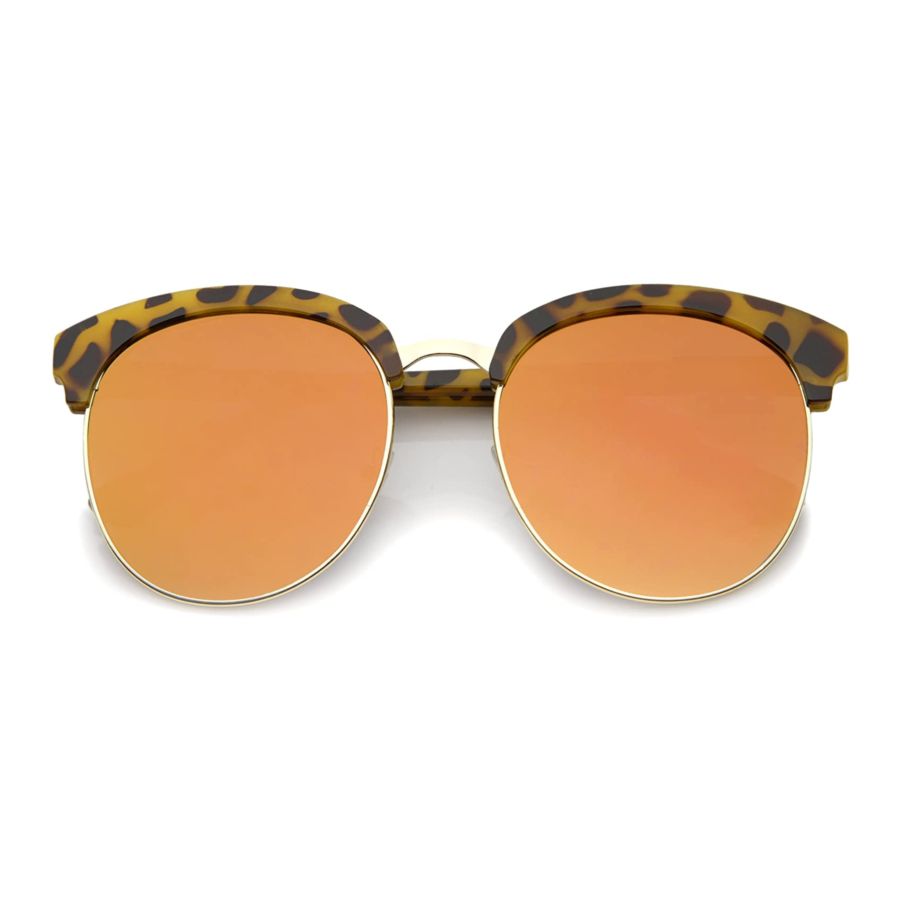 Womens Oversize Half-Frame Mirrored Flat Lens Round Sunglasses 68mm