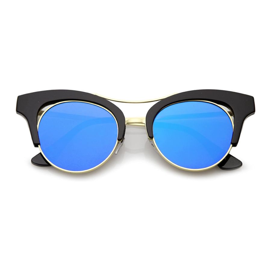 Women's Oversize Cutout Brow Bar Mirror Round Flat Lens Cat Eye Sunglasses 51mm