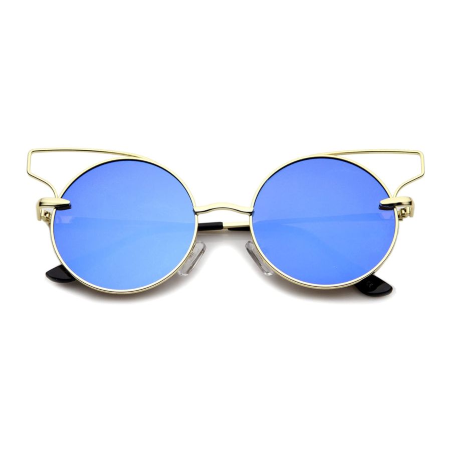 Women's Wire Open Metal Frame Color Mirror Flat Lens Round Cat Eye Sunglasses 52mm